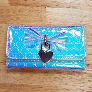 Coquette Silver Iridescent Trifold Wallet Heart Charm Bright and Summery 6x3.5